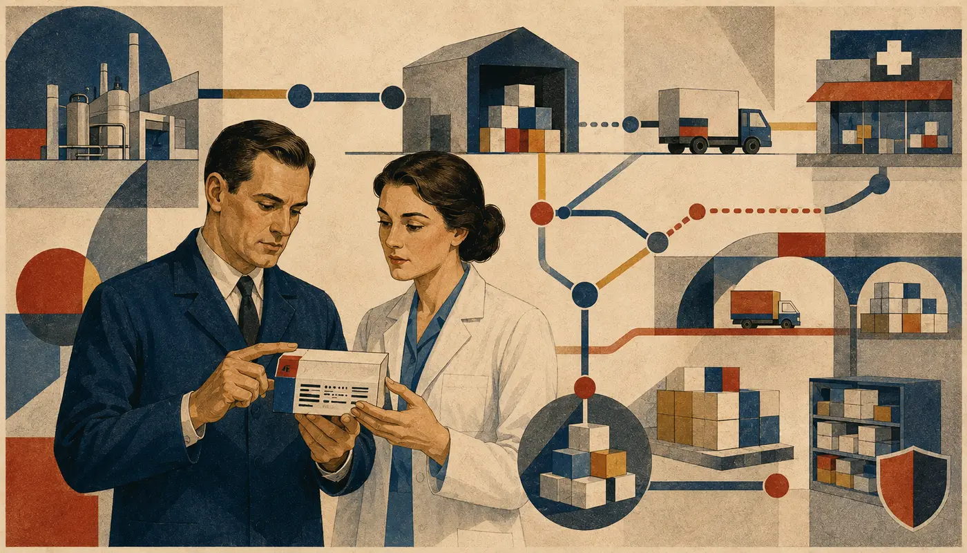 Bauhaus ilustrace serializovaného balení léčiva a propojeného farmaceutického řetězce Bauhaus ilustrace serializovaného balení léčiva a propojeného farmaceutického řetězce