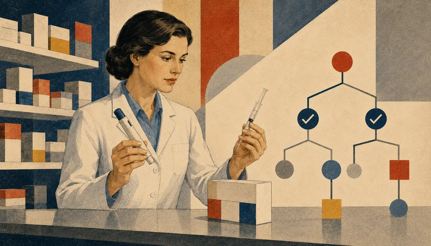 Modernistická ilustrace lékárnice při systematické kontrole receptu na biosimilar, předplněného pera a digitálních údajů o záměně. Modernistická ilustrace lékárnice při systematické kontrole receptu na biosimilar, předplněného pera a digitálních údajů o záměně.