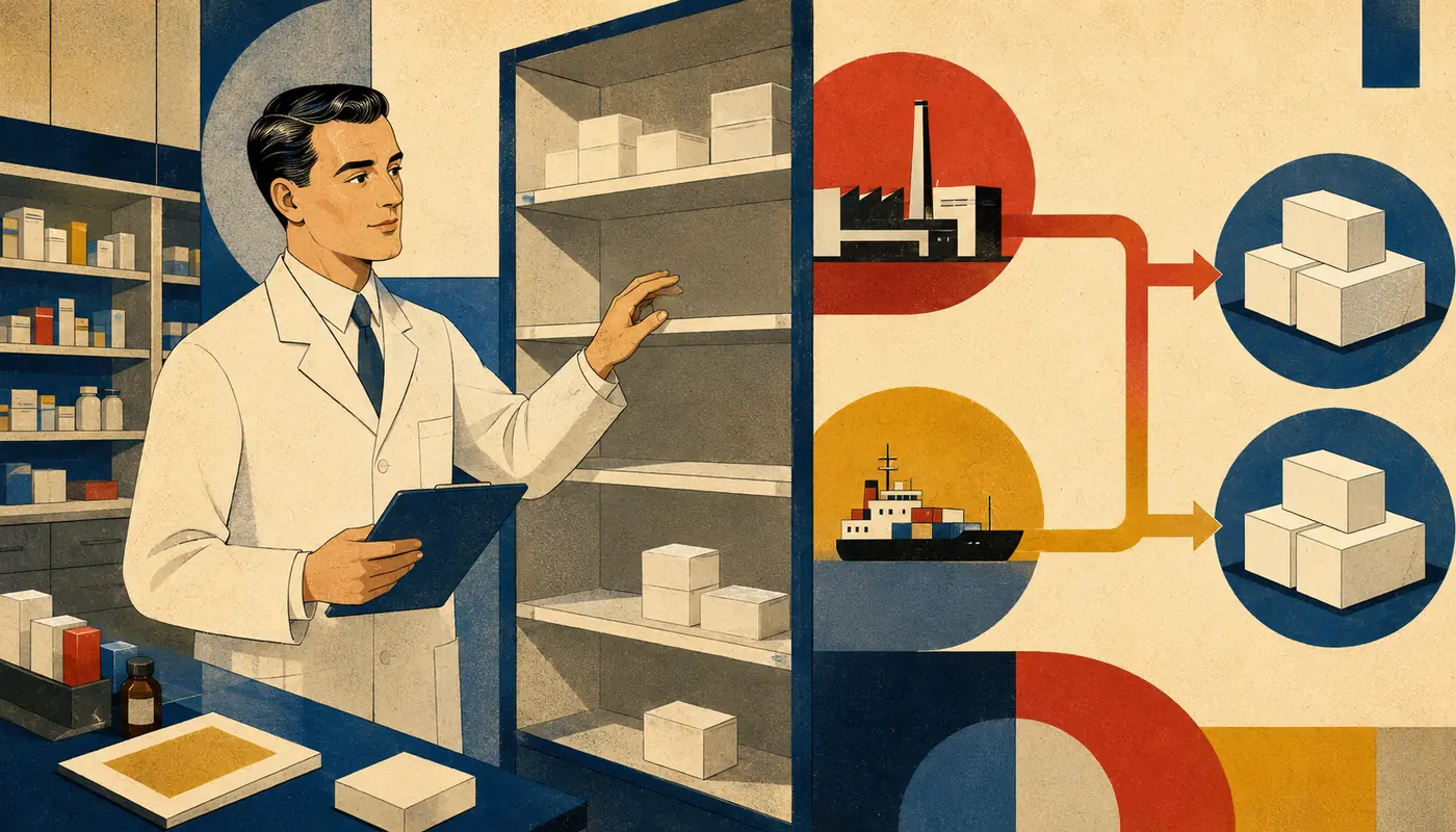 Modernistická ilustrace lékárnice před téměř prázdným regálem léčiv s alternativními cestami nákupu. Modernistická ilustrace lékárnice před téměř prázdným regálem léčiv s alternativními cestami nákupu.
