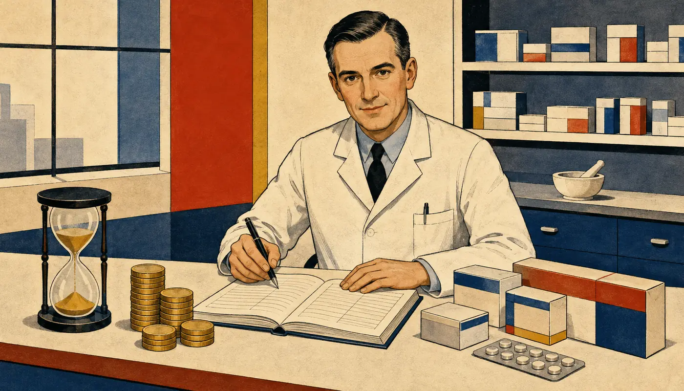 Modernistische Illustration eines Apothekeninhabers, der Kassenbestand, Zahlungsfristen und Arzneimittelvorrat plant.
