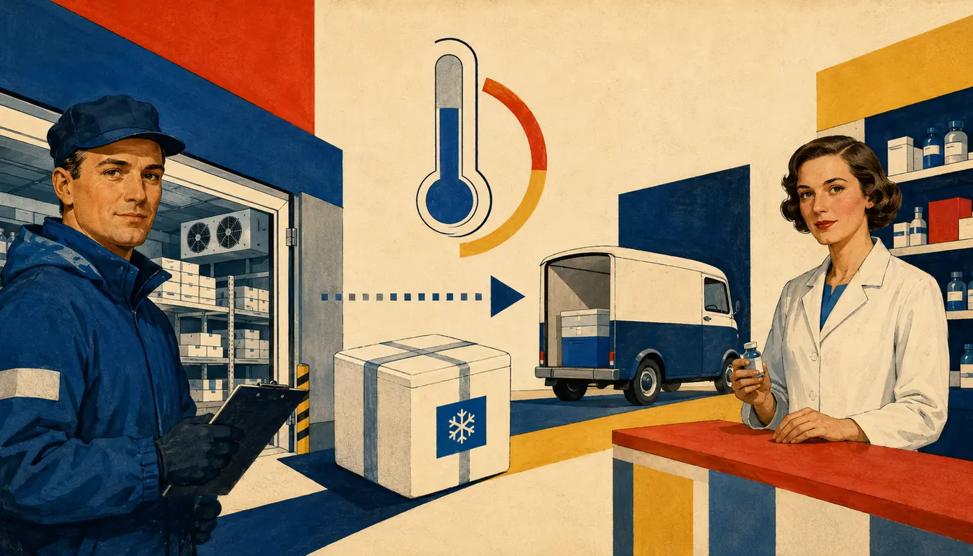Modernistische Illustration einer temperaturgeführten Arzneimittellieferung vom Kühllager über das Fahrzeug bis zur Apotheke.