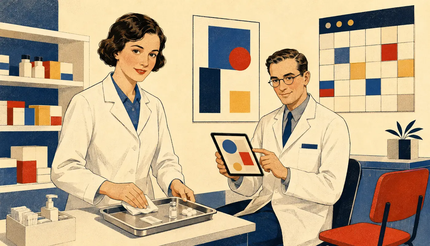 Modernistische Illustration eines Apothekenteams bei der Vorbereitung von Grippe- und COVID-19-Impfungen mit digitaler Abrechnung und dokumentiertem Impfhonorar.