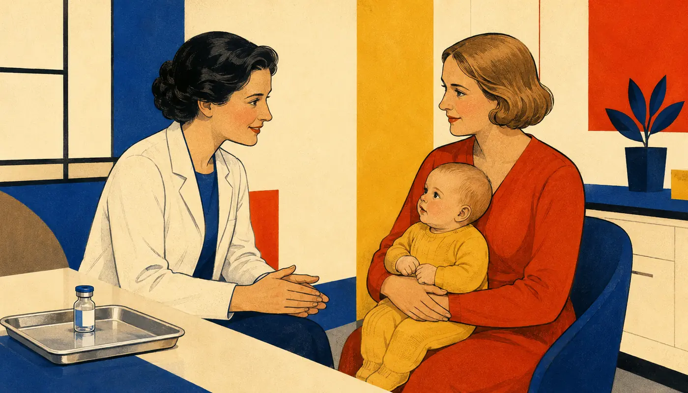 Modernistische Illustration einer Kinderärztin im Beratungsgespräch mit einem Elternteil und einem Säugling zur Impfvorsorge.