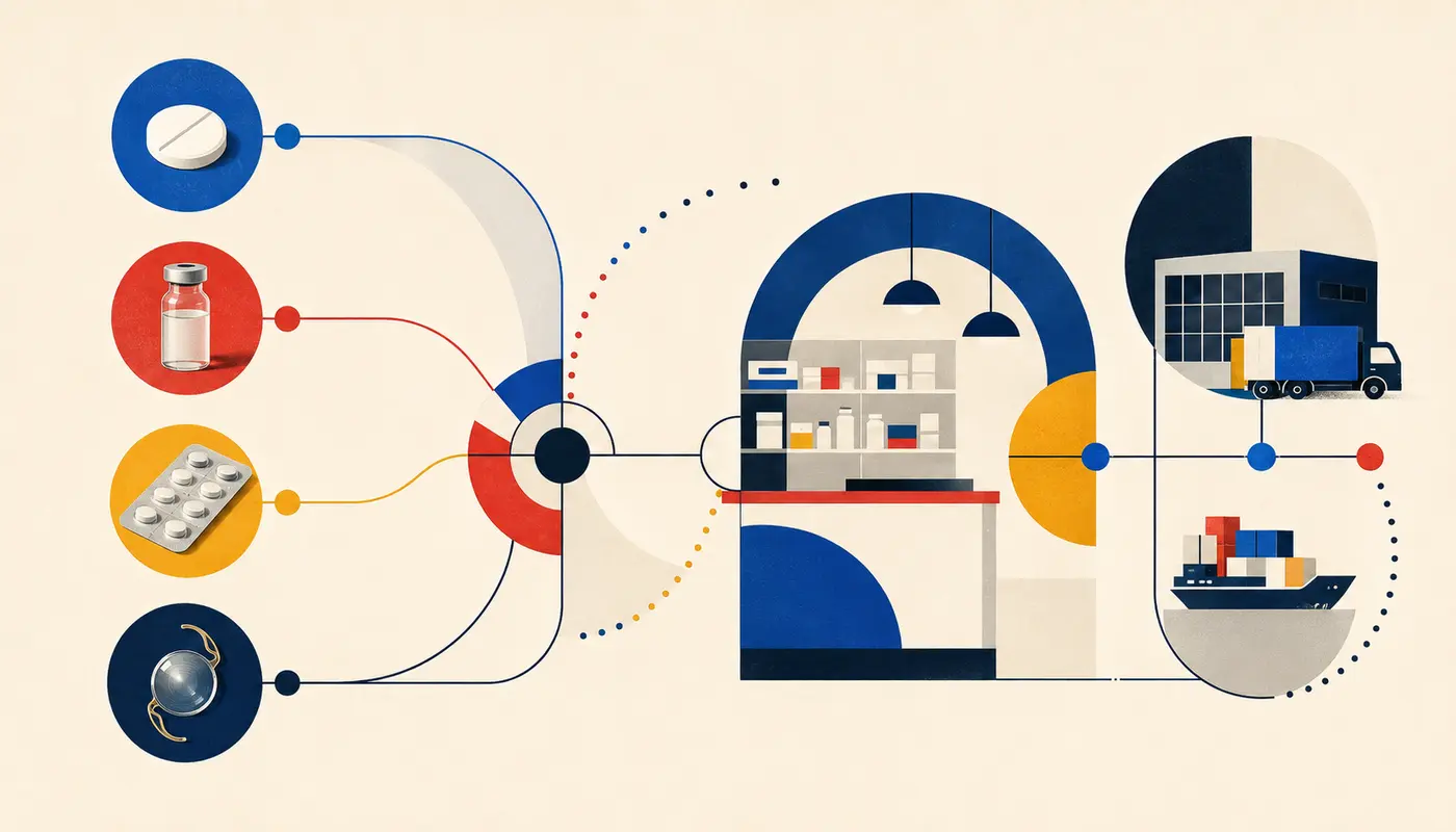 Bauhaus-Illustration neuer Arzneimittel auf dem Weg von der europäischen Bewertung über Apotheke und Großhandel in die Versorgung
