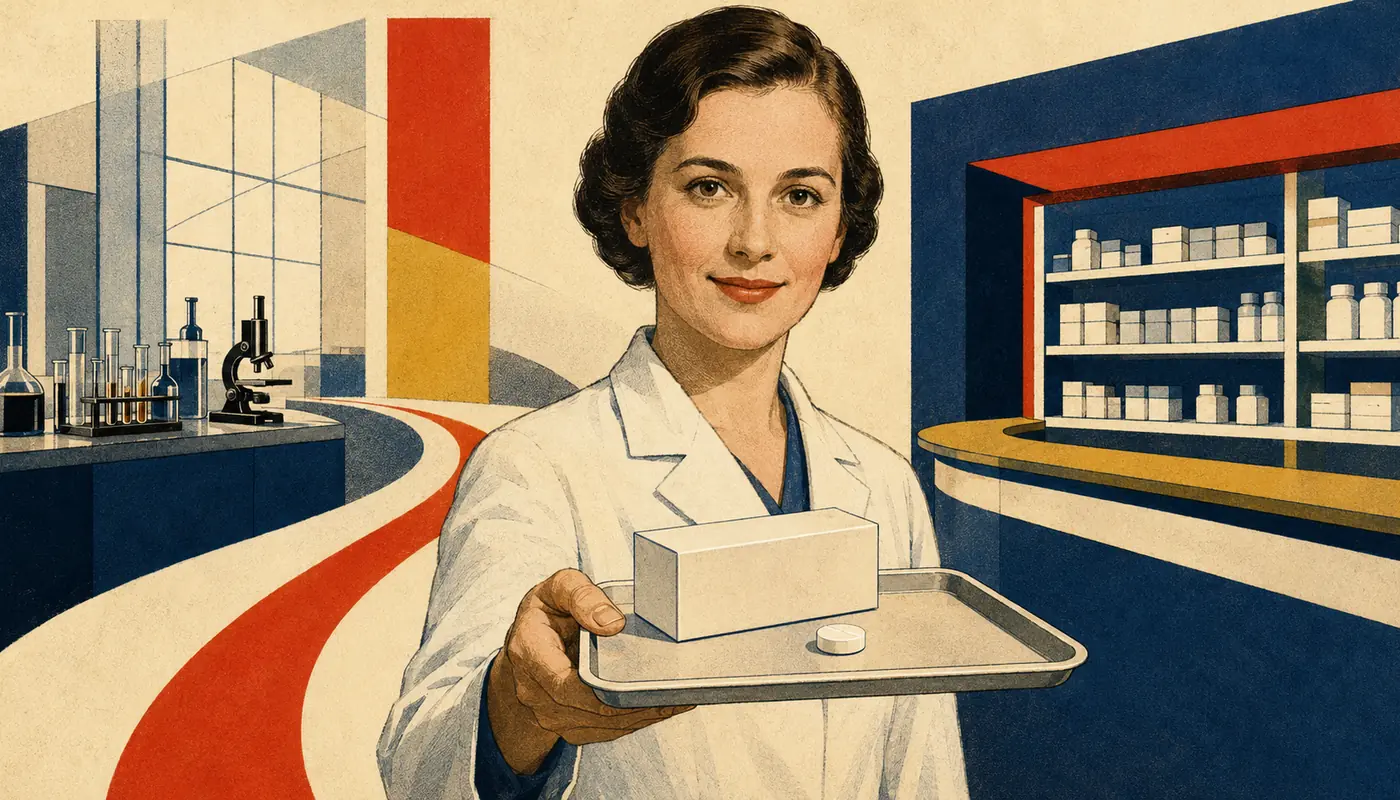 Modernistische Illustration zu Wegovy Tabletten, Apotheken-Einkauf, Lieferfähigkeit und GDP-Distribution.