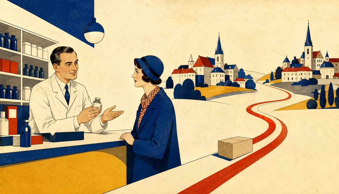 Modernist illustration of a mail-order pharmacy with a medicine parcel, qualified logistics lane, temperature control and documented GDP quality process. Modernist illustration of a mail-order pharmacy with a medicine parcel, qualified logistics lane, temperature control and documented GDP quality process.