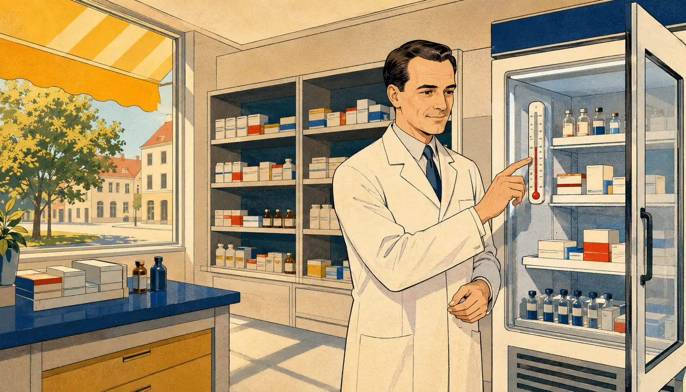 Modernist illustration of a pharmacist checking a medicine refrigerator and storage area during summer heat. Modernist illustration of a pharmacist checking a medicine refrigerator and storage area during summer heat.