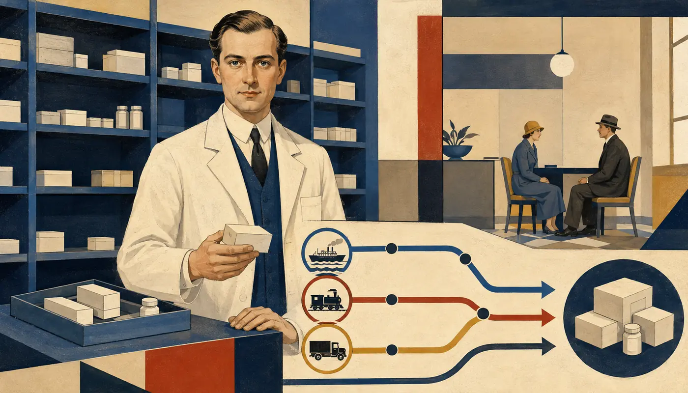 Modernist illustration of a pharmacist reviewing pack inventory and sourcing alternatives during a medicine shortage. Modernist illustration of a pharmacist reviewing pack inventory and sourcing alternatives during a medicine shortage.
