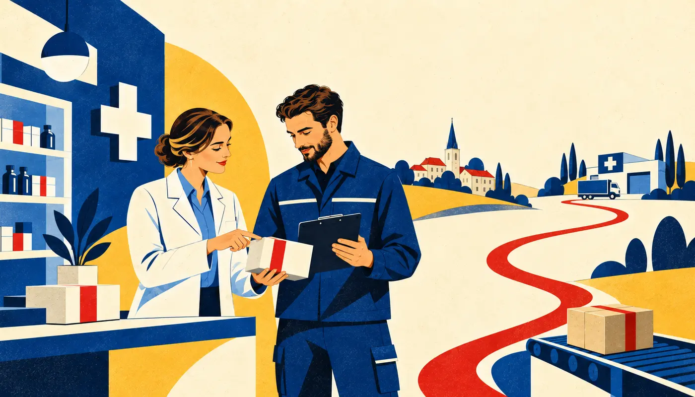 Schematická modernistická ilustrace lékárnice a specialisty farmaceutické logistiky při kontrole zásilky léčiv mezi lékárnou a logistikou. Schematická modernistická ilustrace lékárnice a specialisty farmaceutické logistiky při kontrole zásilky léčiv mezi lékárnou a logistikou.