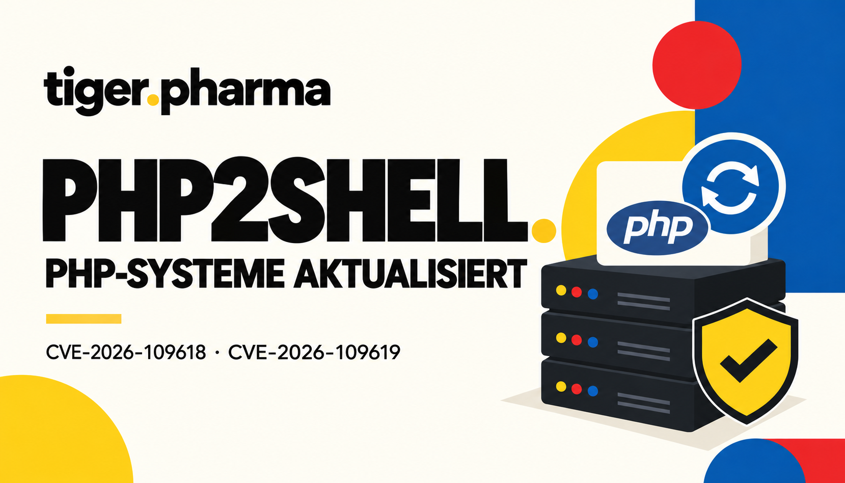 Bauhausová grafika tiger.PHARMA k PHP2Shell a aktualizovaným systémům PHP se servery, symbolem aktualizace a štítem.