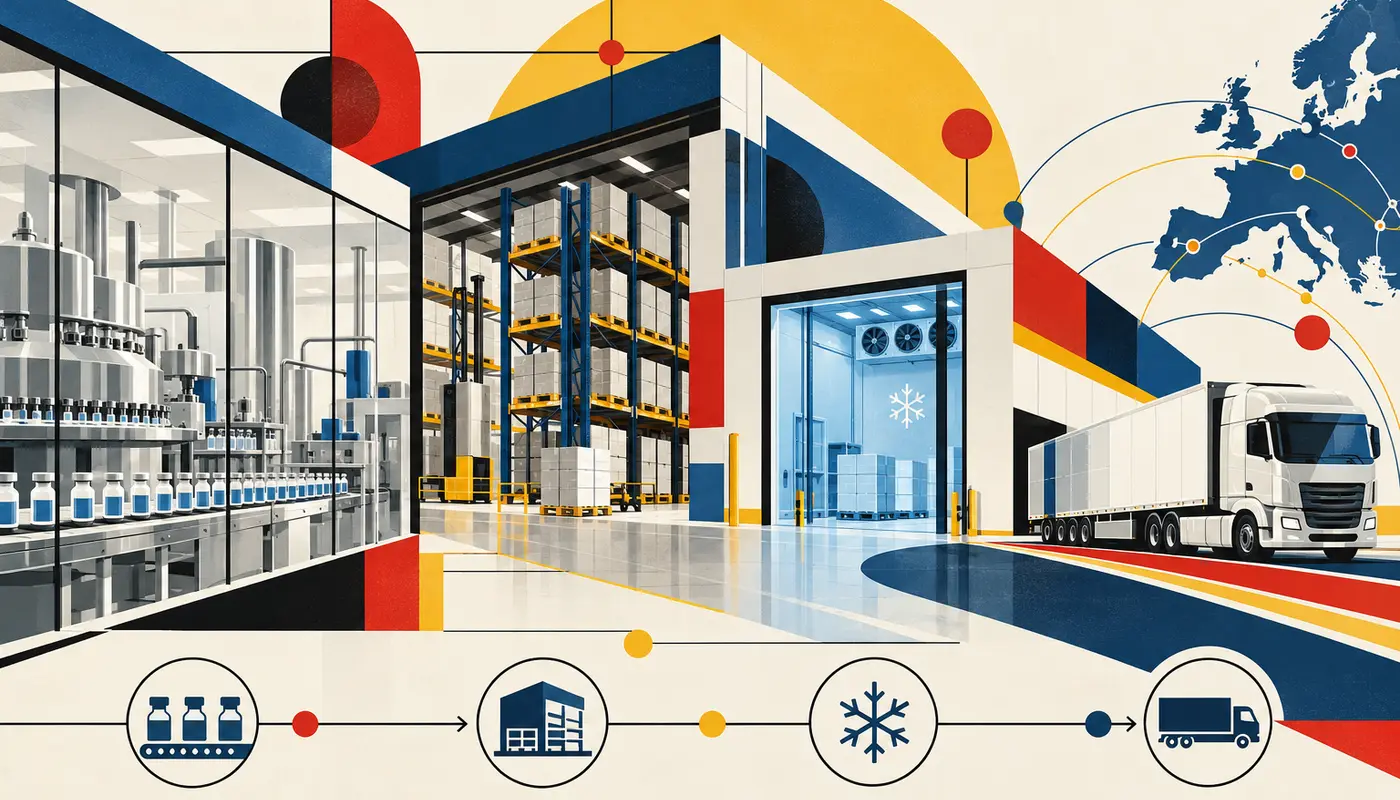 Bauhausová ilustrace evropské farmaceutické logistiky s výrobou léčiv, GDP skladem, chladicí zónou a distribuční sítí. Bauhausová ilustrace evropské farmaceutické logistiky s výrobou léčiv, GDP skladem, chladicí zónou a distribuční sítí.
